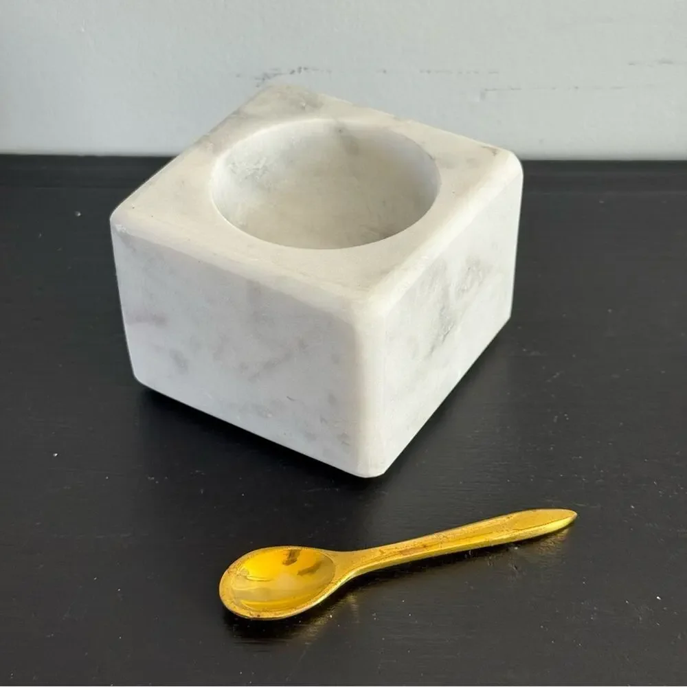 Unbranded | Square White Marble Salt Celler Bowl & Brass Spoon Pinch Pot Spice
